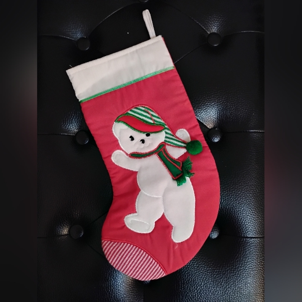 Festive Red Christmas Stocking with White Teddy Bear In A Hat & Scarf Applique